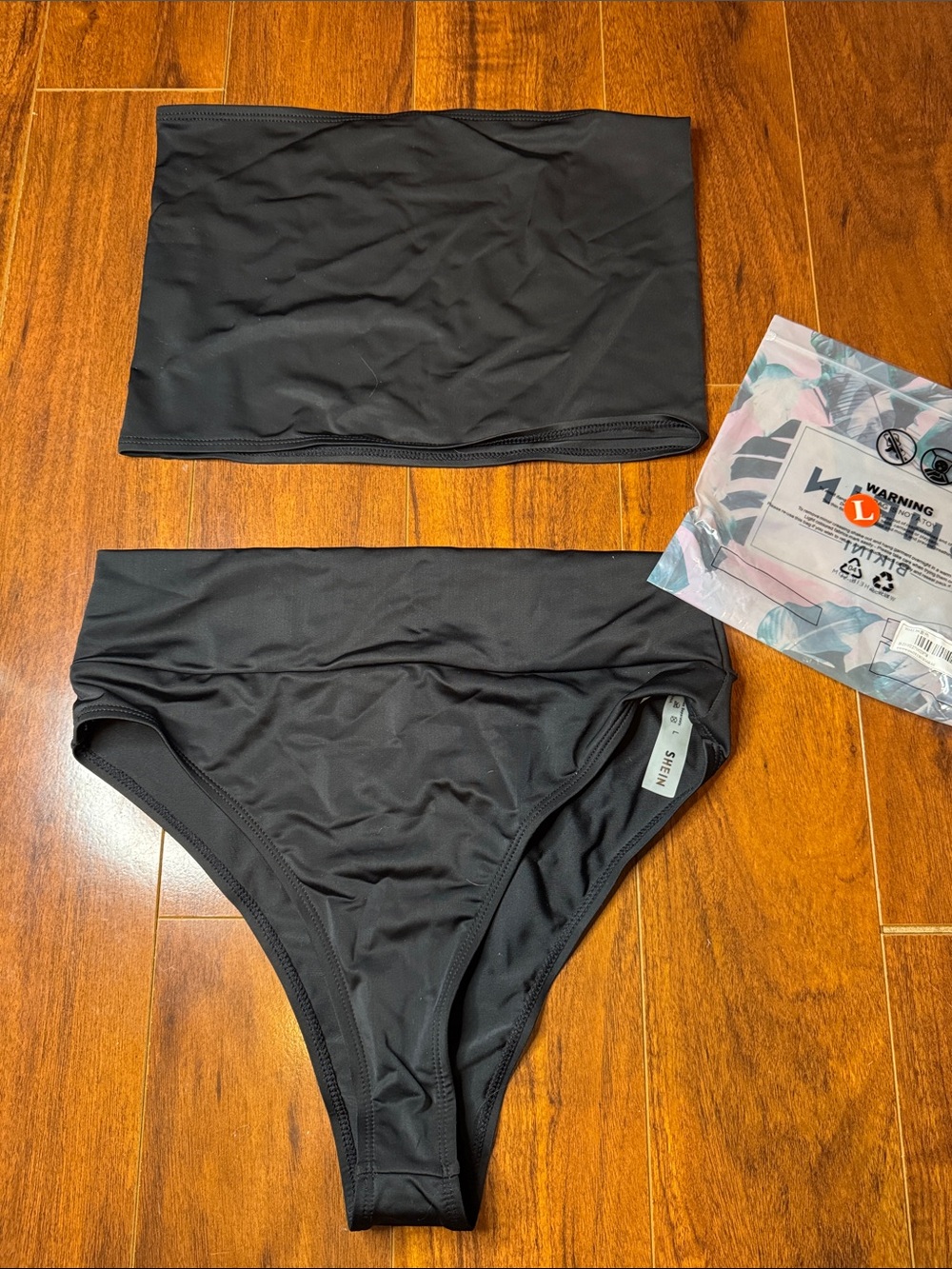 Black Two-Piece Bikini Set swimsuit bandeau top high waisted New SHEIN